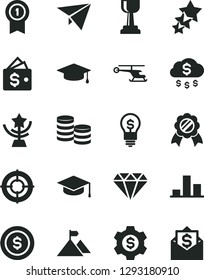 Solid Black Vector Icon Set - square academic hat vector, coins, chart, gold cup, star, graduate, mountain flag, medal, with pennant, diamond, aim, money rain, dollar coin, gear, wallet, idea, mail