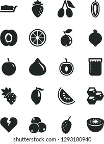 Solid Black Vector Icon Set - broken heart vector, cake slice, jam, honeycombs, half apricot, grape, raspberry, cornels, fig, medlar, blueberry, blueberries, tasty mulberry, of water melon, mango