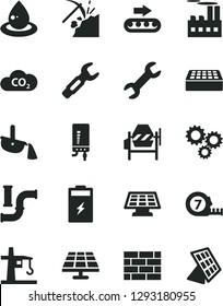 Solid Black Vector Icon Set - brickwork vector, concrete mixer, long meashuring tape, brick, electronic boiler, charging battery, solar panel, coal mining, water pipes, industrial building, CO2, sun