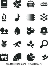 Solid Black Vector Icon Set - calendar vector, sample of colour, drop, car, onion, honeycombs, beet, leaves, trees, weaving, pie charts, cpu, magnifier, note, telescope, book, flame, biology