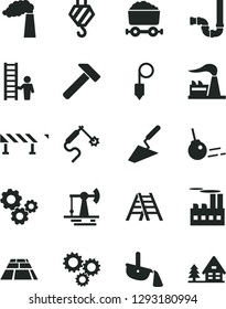 Solid Black Vector Icon Set - hook vector, trowel, ladder, siphon, plummet, paving slab, road fence, hammer, core, working oil derrick, manufacture, factory, industrial building, gas welding, gears