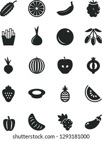 Solid Black Vector Icon Set - a plate of milk vector, beet, French fries, strawberry, pineapple, orange, grape, tasty apple, half medlar, blackberry, water melon, slice, goji berry, tangerine, onion