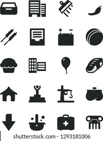 Solid Black Vector Icon Set - downward direction vector, archive, bath ball, medical bag, balloon, buildings, city block, spatula, drawer, cake, barbecue, sushi, red pepper, accumulator, tower crane