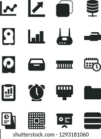 Solid Black Vector Icon Set - folder vector, graph, growth chart, negative histogram, alarm clock, big data server, drawer, copy, processor, statistical report, research, agenda, financial, hdd