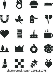 Solid Black Vector Icon Set - colored air balloons vector, cake, plastic brush, door knob, interroom, tile, heart, slice, cup of tea, squash, leaves, forest, flame torch, star medal, gold ring, luck