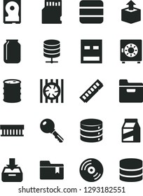 Solid Black Vector Icon Set - folder bookmark vector, key, CD, big data, server, put in a box, strongbox, package, unpacking, barrel, jar, radiator fan, memory, hdd, usb, sd card