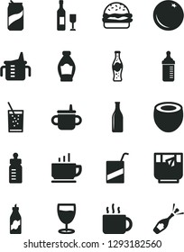 Solid Black Vector Icon Set - mug for feeding vector, measuring cup, bottle, e, coffee, burger, of tea, a glass soda, can, orange, liquor, half coconut, wine, champagne