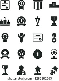 Solid Black Vector Icon Set - pedestal vector, medal, patente, winner, award, cup, gold, star reward, man with, pennant, first place, ribbon, certificate, flag, three stars