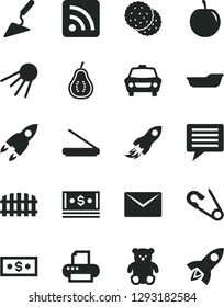 Solid Black Vector Icon Set - image of thought vector, rss feed, open pin, bath, small teddy bear, building trowel, fence, envelope, car, artificial satellite, biscuit, tasty plum, part guava, cash