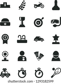 Solid Black Vector Icon Set - motor vehicle present vector, warm hat, racer, retro car, stopwatch, laurel branch, pedestal, cup, gold, pawn, star reward, man with medal, target, pennant, motorcycle