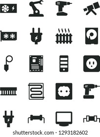 Solid Black Vector Icon Set - cordless drill vector, power socket type b, f, plummet, heating coil, plug, electric, assembly robot, cast iron radiator, fan, pc supply, tower, motherboard, gpu card