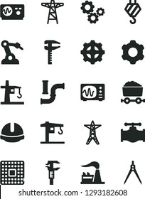 Solid Black Vector Icon Set - crane vector, hook, cogwheel, construction helmet, valve, water pipes, factory, power line, pole, gear, tower, processor, robot welder, calipers, caliper, gears