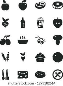 Solid Black Vector Icon Set - measuring bottle for feeding vector, iron fork spoons, piece of cheese, fried vegetables on sticks, mushroom, muffin, cake with a hole, hot porridge, bacon, cabbage