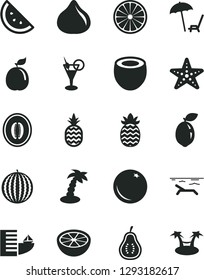Solid Black Vector Icon Set - a pineapple vector, orange slice, fig, water melon, half, sour lime, of, guava, coconut, grapefruit, part, hotel, beach, arnchair under umbrella, palm tree, cocktail