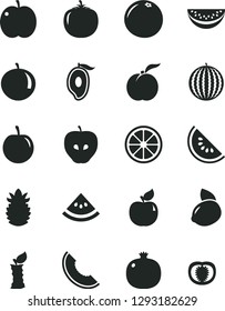 Solid Black Vector Icon Set - ripe peach vector, apple, pomegranate, apricot, tasty, water melon, slice of, half mango, tangerine, plum, yellow lemon, juicy, pineapple, grapefruit, stub, persimmon