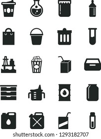 Solid Black Vector Icon Set - storage unit vector, measuring cup for feeding, bottle, e, packing of juice with a straw, bucket, dust bin, drawer, popcorn, coffe to go, jam, sea port, round flask