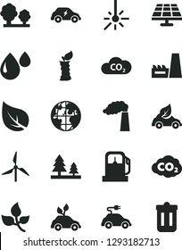 Solid Black Vector Icon Set - apple stub vector, solar panel, leaves, leaf, gas station, windmill, manufacture, trees, forest, thermal power plant, drop, eco car, environmentally friendly transport