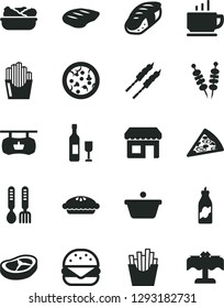 Solid Black Vector Icon Set - iron fork spoons vector, coffee, fried vegetables on sticks, pizza, piece of, big burger, pie, lettuce in a plate, bacon, chop, barbecue, French fries, potato slices