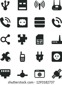 Solid Black Vector Icon Set - Puzzle vector, power socket type b, f, phone call, plug, SIM, connections, mobile, usb, router, browser, connect, lan connector, wireless, big data, satellite