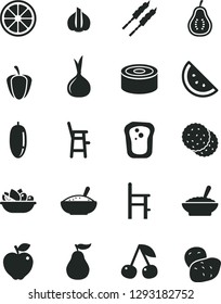 Solid Black Vector Icon Set - a chair for feeding vector, child, canned goods, bowl of buckwheat porridge, rice, plate fruit, barbecue, orange slice, biscuit, sandwich, cherry, red apple, date, part