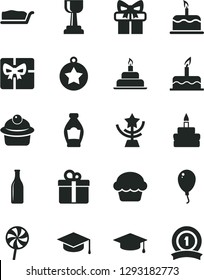 Solid Black Vector Icon Set - balloon vector, cake, birthday, gift, square academic hat, muffin, slice, lollipop, bottle, Glass, giftbox, gold cup, star, graduate, medal, ribbon