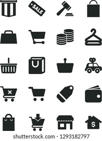 Solid Black Vector Icon Set - paper bag vector, grocery basket, hammer of a judge, motor vehicle present, put in cart, crossed, with handles, coins, hanger, label, kiosk, shopping, wallet, hand