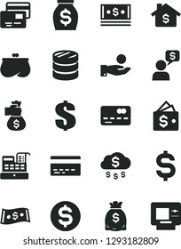 Solid Black Vector Icon Set - bank card vector, dollar, cards, front of the, column coins, denomination, catch a coin, purse, money, dollars, cash, machine, bag hand, rain, mortgage, wallet, dialog