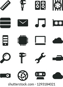 Solid Black Vector Icon Set - calipers vector, caliper, notebook pc, radiator fan, tower, cpu, memory, gpu card, web camera, speaker, network, lan connector, projector, magnifier, note, big data