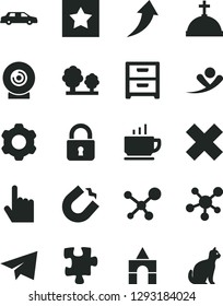Solid Black Vector Icon Set - paper airplane vector, cross, box of bricks, Puzzle, cogwheel, lock, index finger, nightstand, coffee, lens, trees, horseshoe magnet, molecule, star, arrow up, pets