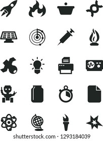 Solid Black Vector Icon Set - jar vector, pan, printer, file, atom, dna, bulb, satellite, globe, oscilloscope, flame, radar, robot, sun panel, rocket, syringe, stopwatch, torch, bang