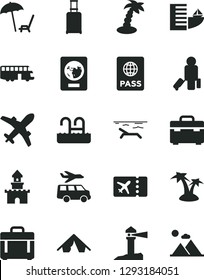 Solid Black Vector Icon Set - suitcase vector, case, passport, coastal lighthouse, sand castle, bus, passenger, rolling, plane ticket, hotel, tent, beach, arnchair under umbrella, palm tree, pool
