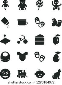 Solid Black Vector Icon Set - baby powder vector, bib, Child T shirt, warm socks, children's potty, small teddy bear, hairdo, toy train, yule, tricycle, shoes for little children, piece of cake