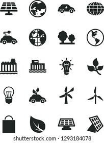 Solid Black Vector Icon Set - paper bag vector, solar panel, leaves, leaf, windmill, wind energy, planet, Earth, bulb, hydroelectric station, hydroelectricity, trees, electric car, globe, sun
