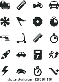 Solid Black Vector Icon Set - truck lorry vector, lightning, stopwatch, wind direction indicator, motor vehicle, child Kick scooter, dangers, timer, car, delivery, marine propeller, retro, memory