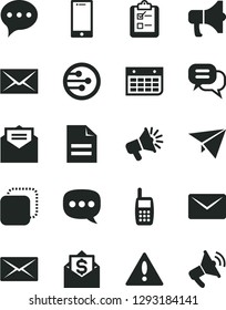 Solid Black Vector Icon Set - warning vector, envelope, scribbled paper, received letter, speech, smartphone, survey, megaphone, copy, loudspeaker, wall calendar, mobile phone, network, mail, dialog