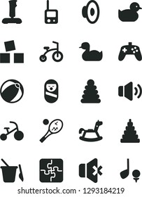 Solid Black Vector Icon Set - loudspeaker vector, rubber duck, baby duckling, bath ball, stacking rings, toy, roly poly doll, phone, children's sand set, rocking horse, cubes for children, tricycle