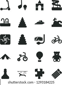 Solid Black Vector Icon Set - stacking rings vector, toy, small teddy bear, box of bricks, child bicycle, Kick scooter, Puzzle, Puzzles, pawn, air balloon, bike, tent, beach, pool, aquapark, surfing