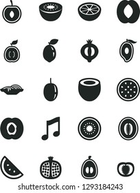 Solid Black Vector Icon Set - music vector, slices of onion, orange slice, half apricot, pomegranate, medlar, mango, peach, melon, loquat, cherry, passion fruit, kiwi, sour lime, guawa, coconut