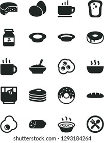 Solid Black Vector Icon Set - coffee vector, sausage, cheese, eggs, loaf, cake with a hole, glazed, bowl of buckwheat porridge, in saucepan, hot, plate milk, cup tea, glass, fried egg, omelette
