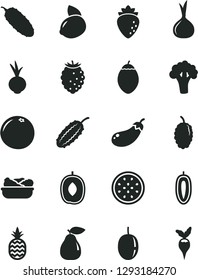 Solid Black Vector Icon Set - lettuce in a plate vector, cucumber, beet, pineapple, pear, raspberry, tasty, mulberry, delicious plum, passion fruit, sweet date, yellow lemon, half of, tamarillo