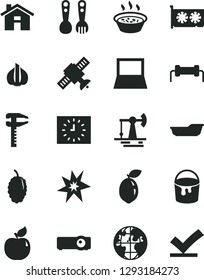 Solid Black Vector Icon Set - house vector, bath, plastic fork spoons, paint bucket, porridge in a saucepan, apricot, mulberry, sour lime, garlic, working oil derrick, calipers, planet, black clock