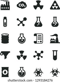 Solid Black Vector Icon Set - round flask vector, factory, oil, barrel, industrial building, radiation, carbon dyoxide, water filter, research article, test tube, molecule, nuclear, biohazard