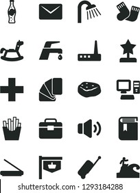 Solid Black Vector Icon Set - plus vector, book, warm socks, rocking horse, sample of colour, portfolio, shower, faucet mixer, volume, piece meat, French fries, bottle soda, vintage sign, computer