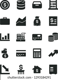 Solid Black Vector Icon Set - bank card vector, growth up, calculator, line chart, negative, abacus, drawer, coins, front of the, column, article on dollar, dollars, cash machine, graph, coin, safe