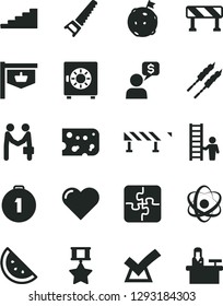 Solid Black Vector Icon Set - Puzzles vector, hand saw, road fence, traffic signal, heart, strongbox, piece of cheese, barbecue, orange slice, vintage sign, atom, stairway, flag on moon, hero