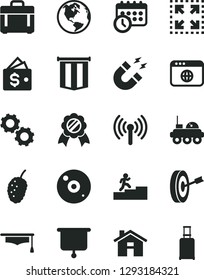 Solid Black Vector Icon Set - house vector, case, size, tasty mulberry, cd, browser, wireless, schedule clock, gears, magnet, graduate hat, lunar rover, presentation board, carrer stairway, purpose