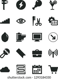 Solid Black Vector Icon Set - monitor window vector, calendar, bookmark, camera roll, beanbag, accessories for a hairstyle, heating coil, eye, right bottom arrow, chicken leg, cocktail, lime, cloud