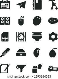 Solid Black Vector Icon Set - calendar vector, paper airplane, diaper, sitting stroller, mercury thermometer, warm hat, cogwheel, notebook, notes, piece of meat, mango, loquat, coconut, SIM, mouse