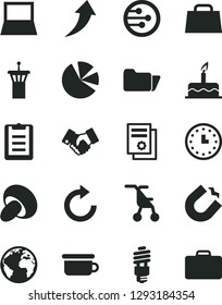 Solid Black Vector Icon Set - sign of the planet vector, clockwise, sitting stroller, children's potty, cake, porcini, energy saving bulb, horseshoe magnet, handclasp, pie charts, wall watch, folder