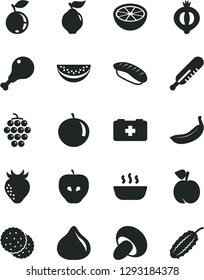 Solid Black Vector Icon Set - mercury thermometer vector, bag of a paramedic, porcini, hot porridge, chicken leg, japanese sushi, biscuit, peach, large grape, quince, tasty apple, strawberry, fig